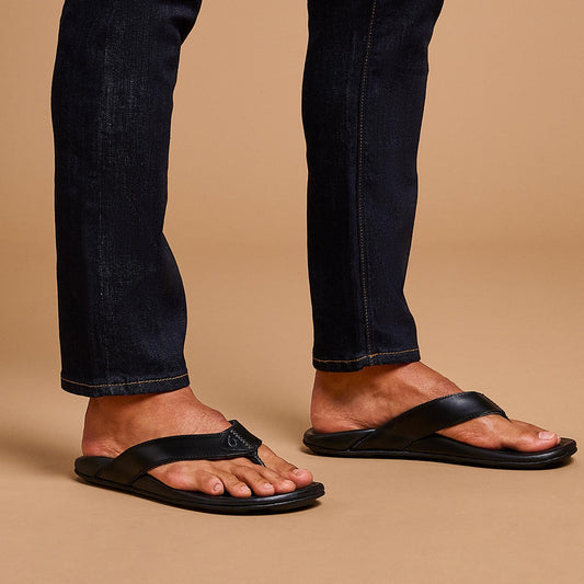 OluKai Men | Mekila Men's Full-Grain Leather Beach Sandals - Black