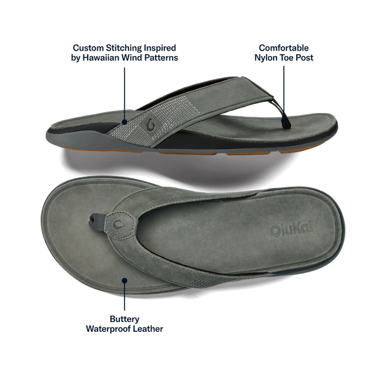 OluKai Men | Tuahine Men's Waterproof Leather Beach Sandals - Rock