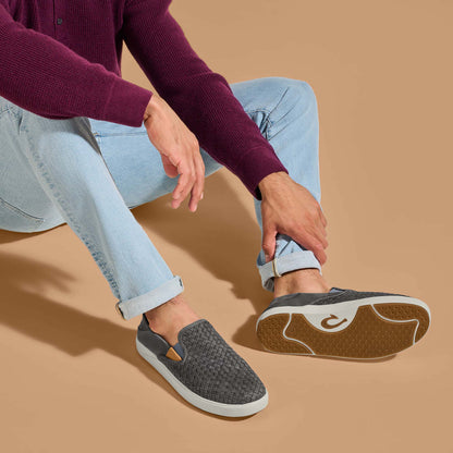 OluKai Men | Lae‘ahi Lauhala Men's Leather Slip-On Sneakers - Ash