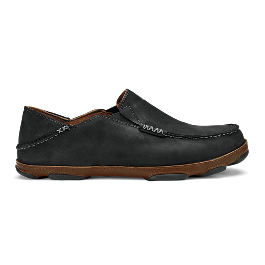 OluKai Men | Moloā Men's Leather Slip On Shoes - Black / Toffee