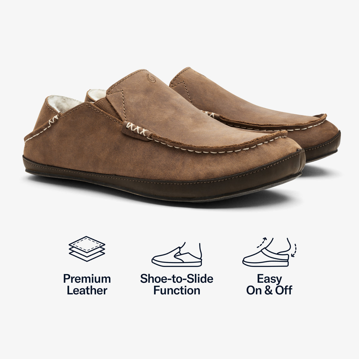 OluKai Men | Moloā Men's Leather Slippers - Toffee / Dark Wood