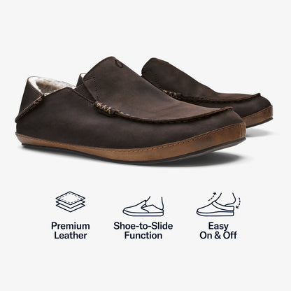 OluKai Men | Moloā Men's Nubuck Leather Slippers - Dark Wood