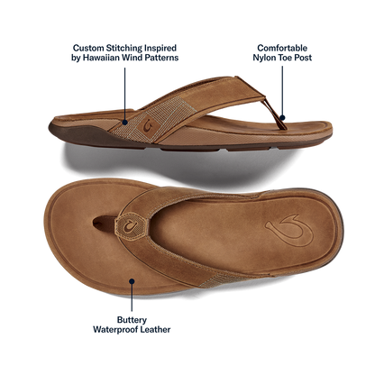 OluKai Men | Tuahine Men's Waterproof Leather Beach Sandals - Toffee