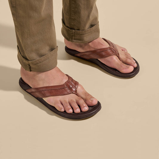 OluKai Men | Hiapo - Rum / Dark Wood Men’s Leather Beach Sandals