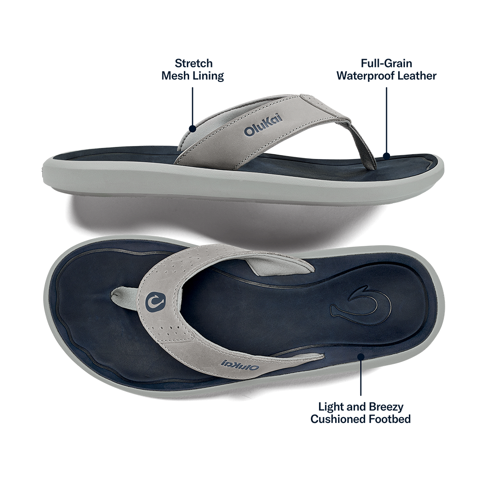 OluKai Men | Pili Men’s Waterproof Leather Sandals - Ash / Mood Indigo