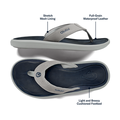 OluKai Men | Pili Men’s Waterproof Leather Sandals - Ash / Mood Indigo