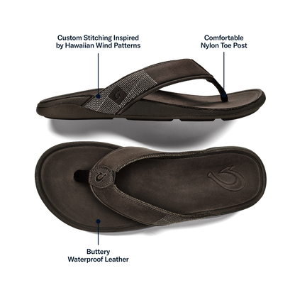 OluKai Men | Tuahine Men's Waterproof Leather Beach Sandals - Dark Wood