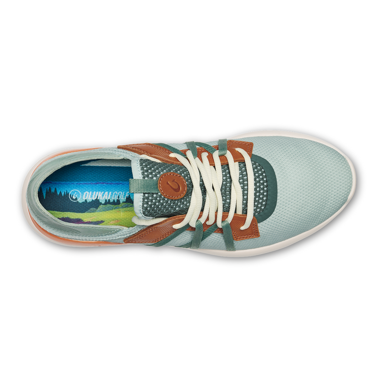 OluKai Men | Manele Men’s Breathable Golf Shoes - Pale Moss / Molten Orange
